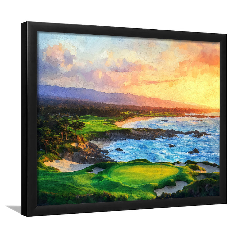 Pebble Beach Golf Links Aerial In Sunset Painting, Golf Art, Gift for him, Framed Art Prints Wall Decor