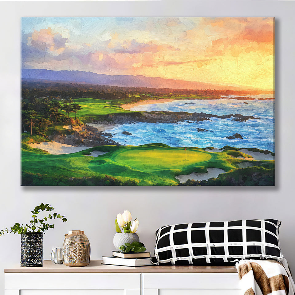 Pebble Beach Golf Links Aerial In Sunset Painting, Golf Art Print, Gift for him, Canvas Prints Wall Art