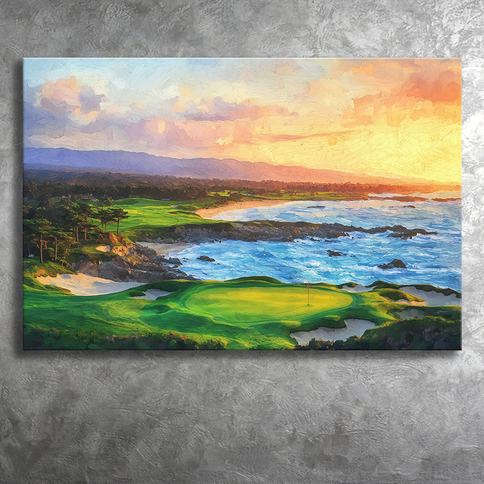 Pebble Beach Golf Links Aerial In Sunset Painting, Golf Art Print, Gift for him, Canvas Prints Wall Art