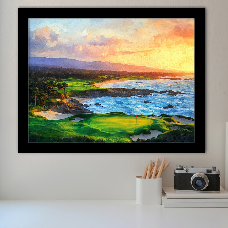 Pebble Beach Golf Links Aerial In Sunset Painting, Golf Art, Gift for him, Framed Art Prints Wall Decor