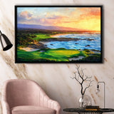 Pebble Beach Golf Links Aerial In Sunset Painting, Golf Art Print, Gift for him, Framed Canvas Prints Wall Art