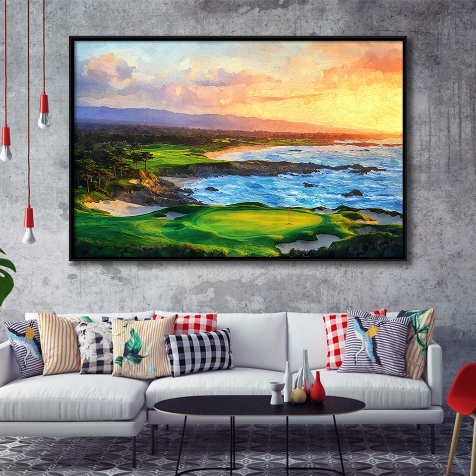 Pebble Beach Golf Links Aerial In Sunset Painting, Golf Art Print, Gift for him, Framed Canvas Prints Wall Art