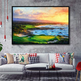 Pebble Beach Golf Links Aerial In Sunset Painting, Golf Art Print, Gift for him, Framed Canvas Prints Wall Art