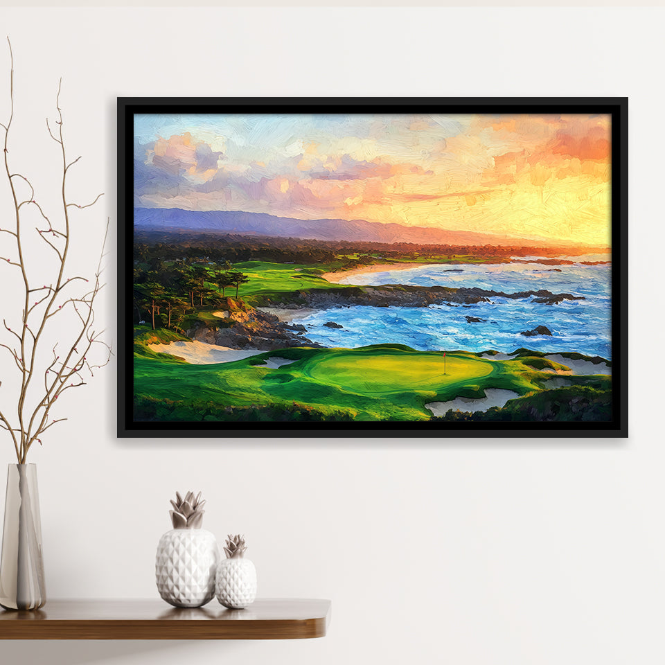 Pebble Beach Golf Links Aerial In Sunset Painting, Golf Art Print, Gift for him, Framed Canvas Prints Wall Art