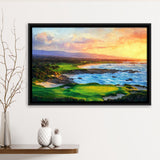 Pebble Beach Golf Links Aerial In Sunset Painting, Golf Art Print, Gift for him, Framed Canvas Prints Wall Art