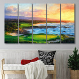 Pebble Beach Golf Links Aerial In Sunset Painting, Golf Art Print, Extra Large 5 Panel, Canvas Prints Wall Art