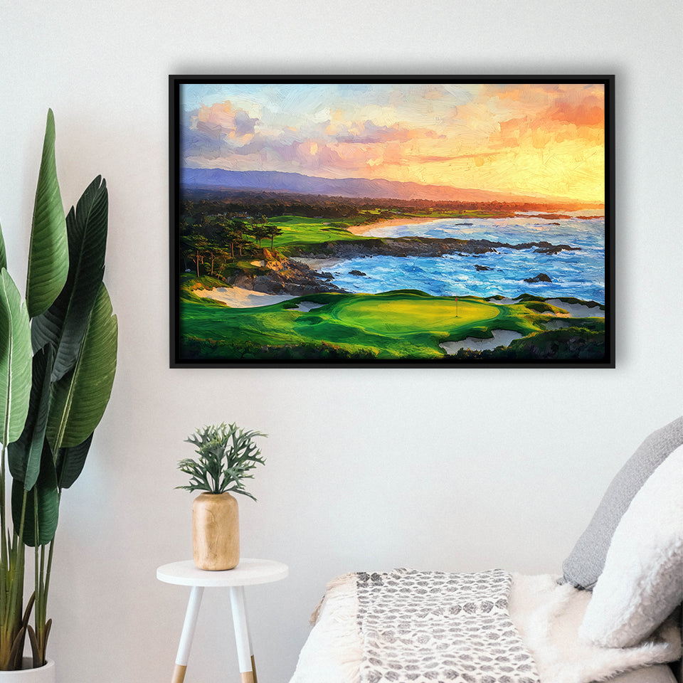 Pebble Beach Golf Links Aerial In Sunset Painting, Golf Art Print, Gift for him, Framed Canvas Prints Wall Art