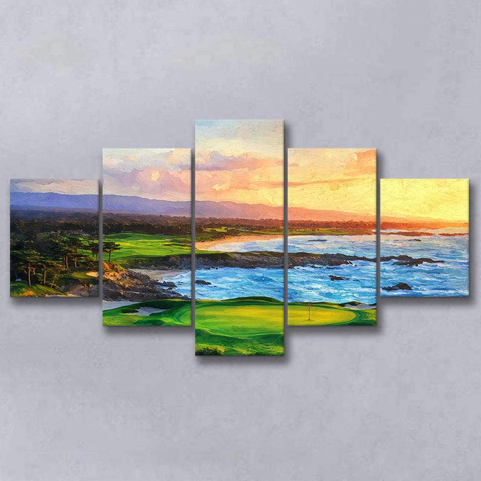 Pebble Beach Golf Links Aerial In Sunset Painting, Golf Art Print, Mixed 5 Panel, Canvas Prints Wall Art