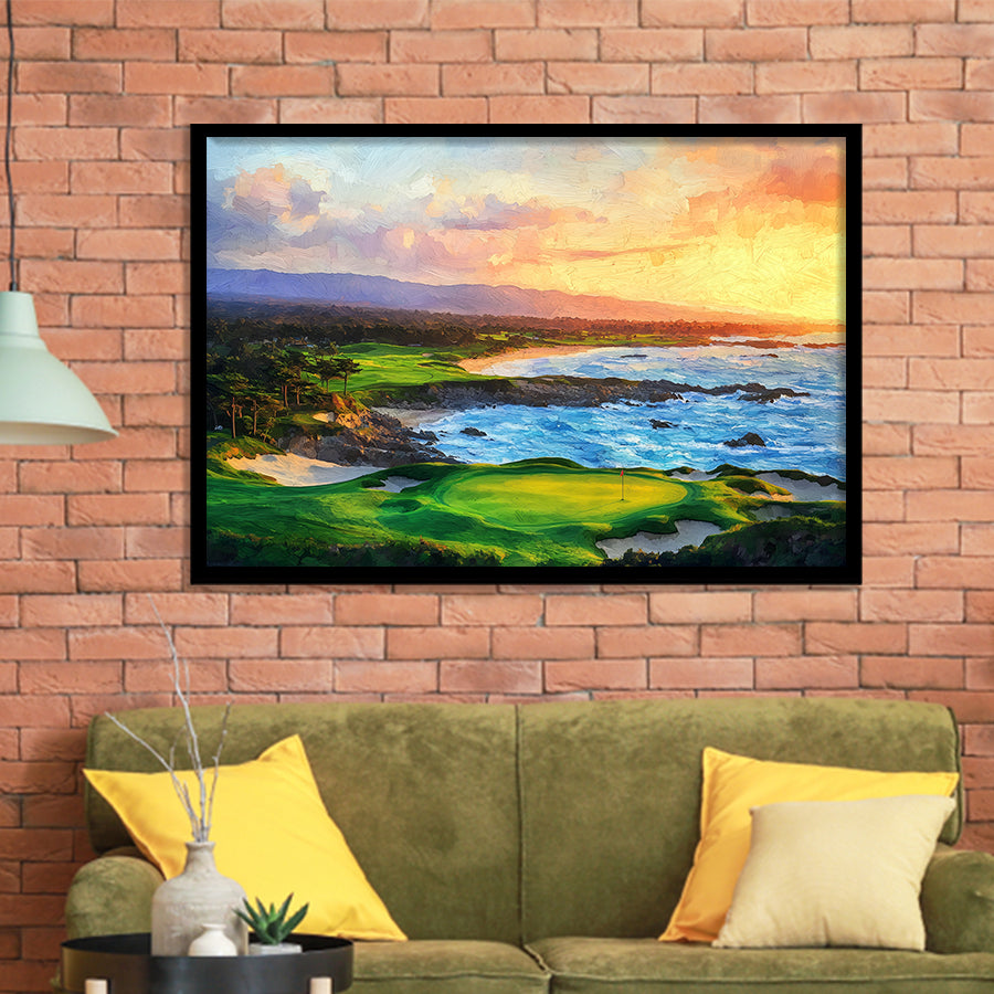 Pebble Beach Golf Links Aerial In Sunset Painting, Golf Art, Gift for him, Framed Art Prints Wall Decor