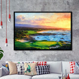 Pebble Beach Golf Links Aerial In Sunset Painting, Golf Art, Gift for him, Framed Art Prints Wall Decor