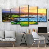 Pebble Beach Golf Links Aerial In Sunset Painting, Golf Art Print, Mixed 5 Panel, Canvas Prints Wall Art
