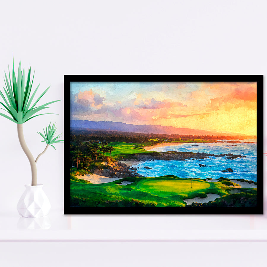 Pebble Beach Golf Links Aerial In Sunset Painting, Golf Art, Gift for him, Framed Art Prints Wall Decor