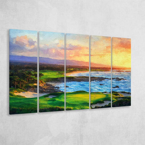 Pebble Beach Golf Links Aerial In Sunset Painting, Golf Art Print, Extra Large 5 Panel, Canvas Prints Wall Art