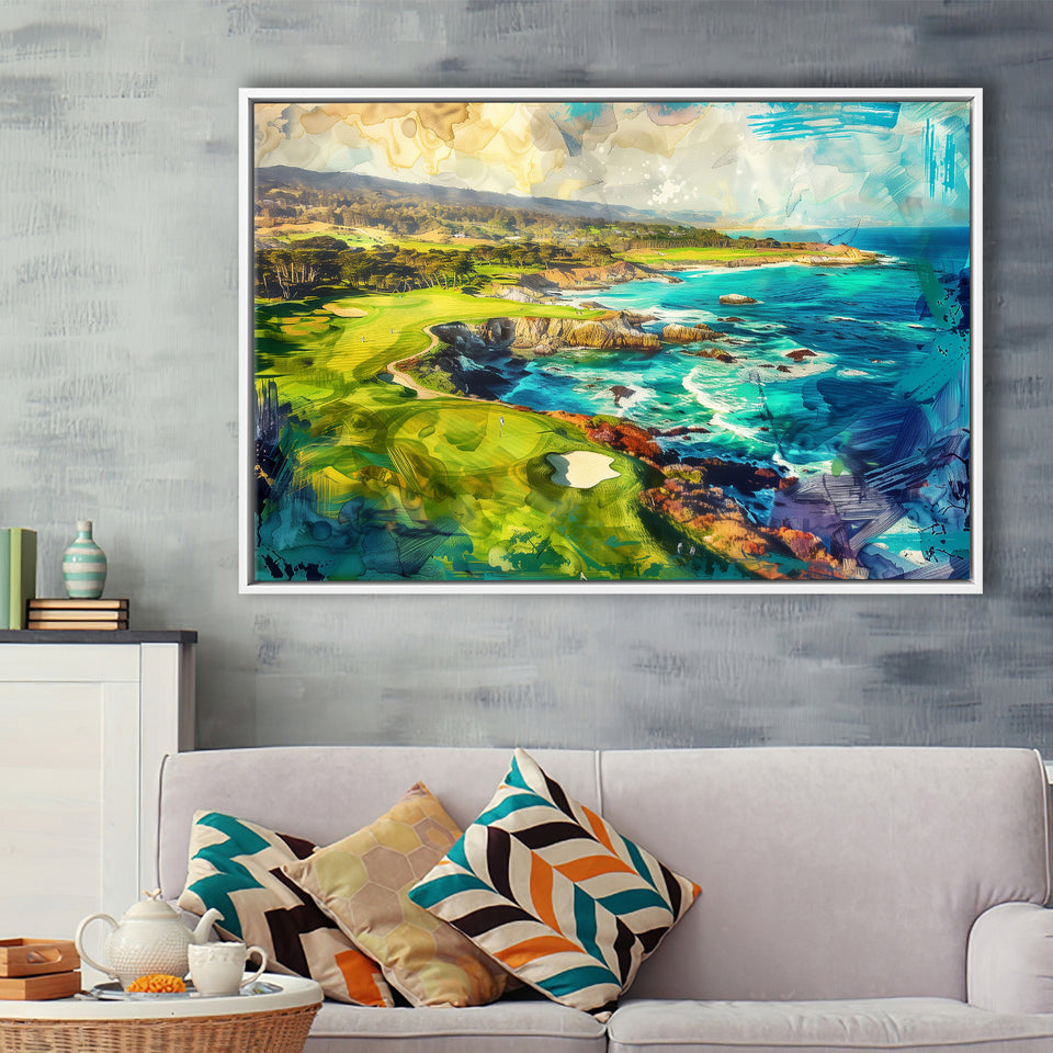 Pebble Beach Golf Links Aerial Painting, Framed Canvas Print Wall Art Decor, Floating Frame Painting Canvas