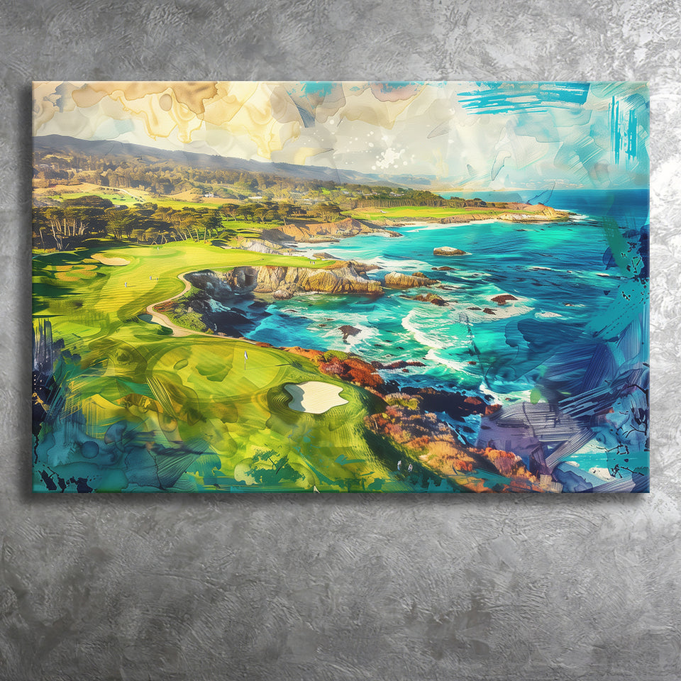 Pebble Beach Golf Links Aerial Painting, Canvas Print Wall Art Home Decor, Painting Canvas Art Print