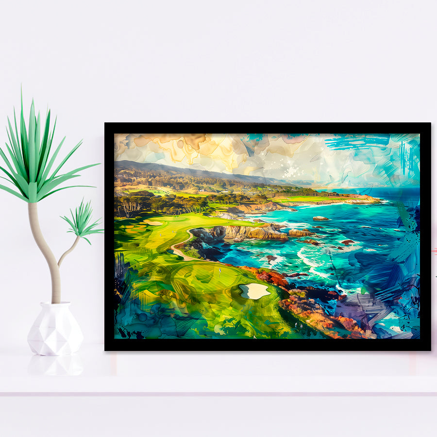 Pebble Beach Golf Links Aerial Painting, Framed Art Print Wall Decor, Picture Framed Painting Art