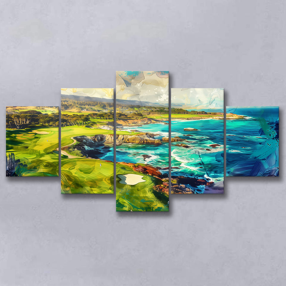 Pebble Beach Golf Links Aerial Painting, Mixed 5 Panel Canvas Print Wall Art Home Decor, Large Canvas Painting