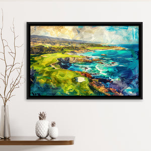 Pebble Beach Golf Links Aerial Painting, Framed Canvas Print Wall Art Decor, Floating Frame Painting Canvas