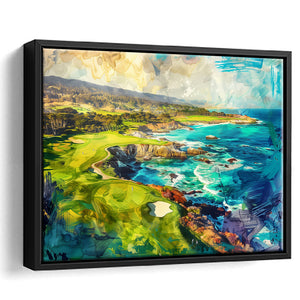 Pebble Beach Golf Links Aerial Painting, Framed Canvas Print Wall Art Decor, Floating Frame Painting Canvas