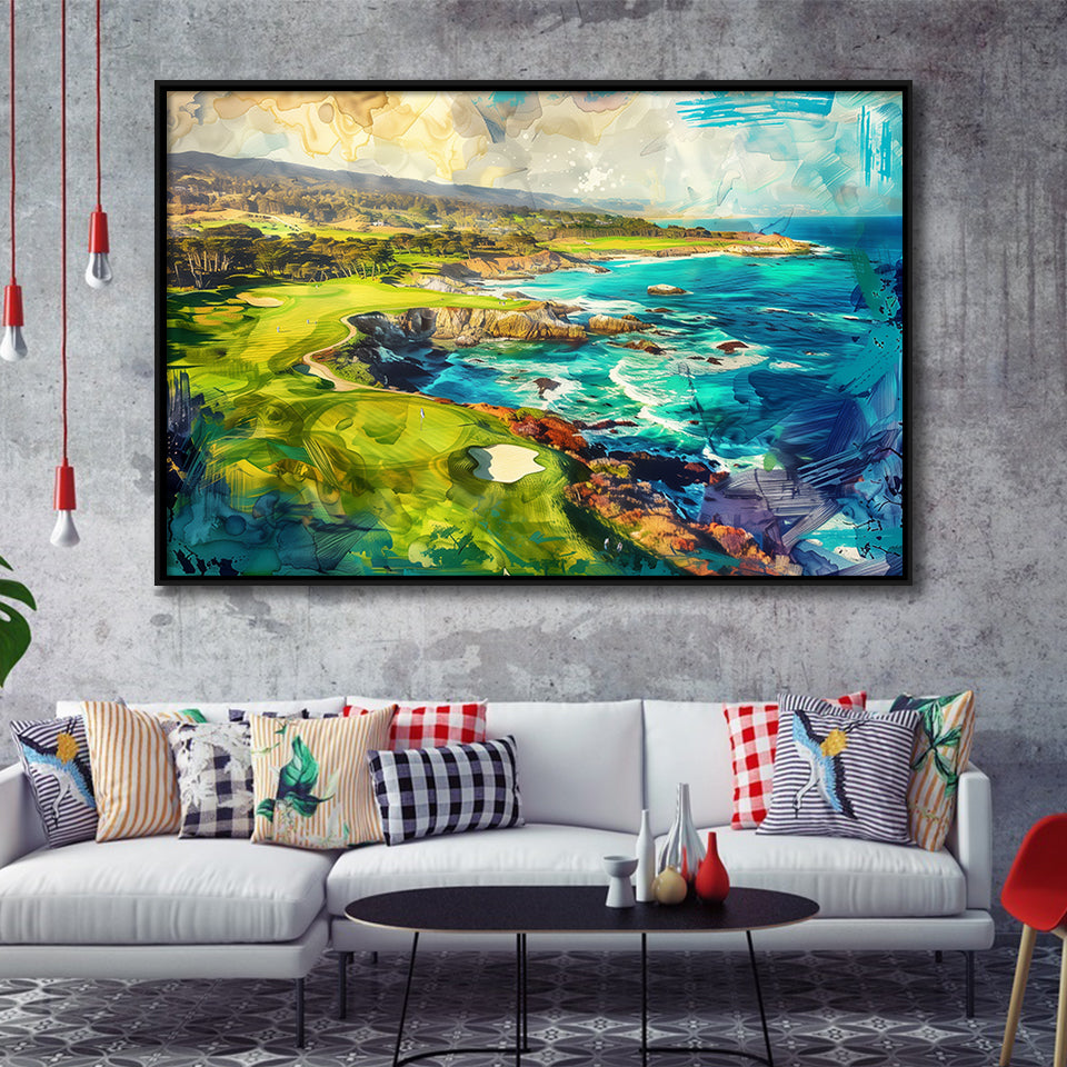 Pebble Beach Golf Links Aerial Painting, Framed Canvas Print Wall Art Decor, Floating Frame Painting Canvas