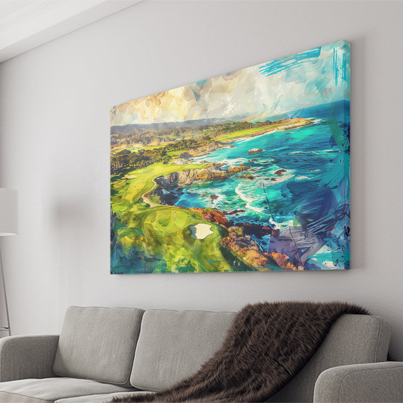 Pebble Beach Golf Links Aerial Painting, Canvas Print Wall Art Home Decor, Painting Canvas Art Print