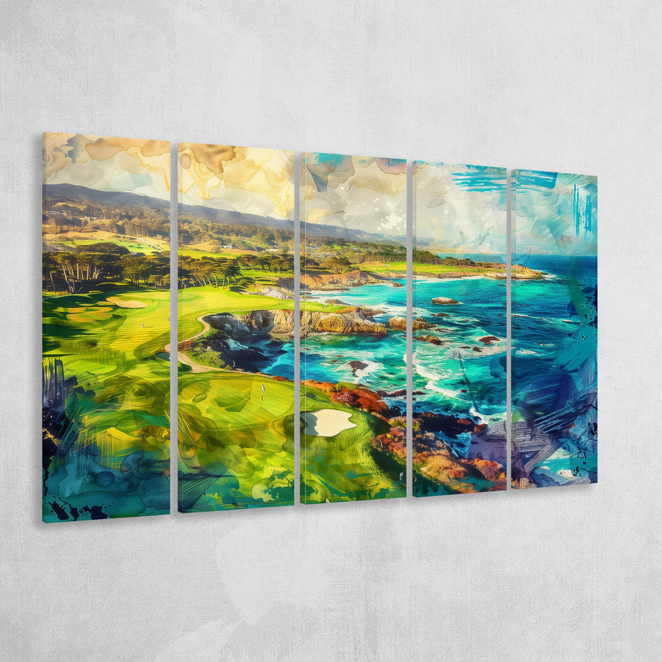 Pebble Beach Golf Links Aerial Painting, Mixed 5 Panel B Canvas Print Wall Art Decor, Extra Large Painting Canvas