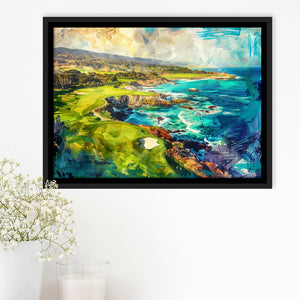 Pebble Beach Golf Links Aerial Painting, Framed Canvas Print Wall Art Decor, Floating Frame Painting Canvas