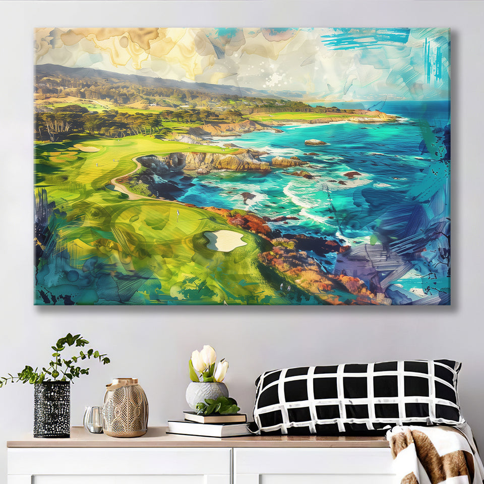 Pebble Beach Golf Links Aerial Painting, Canvas Print Wall Art Home Decor, Painting Canvas Art Print