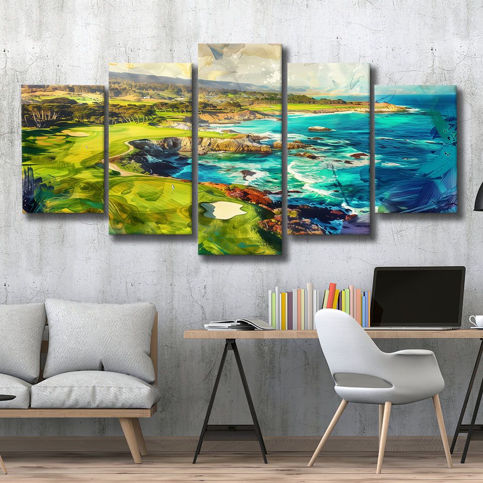 Pebble Beach Golf Links Aerial Painting, Mixed 5 Panel Canvas Print Wall Art Home Decor, Large Canvas Painting