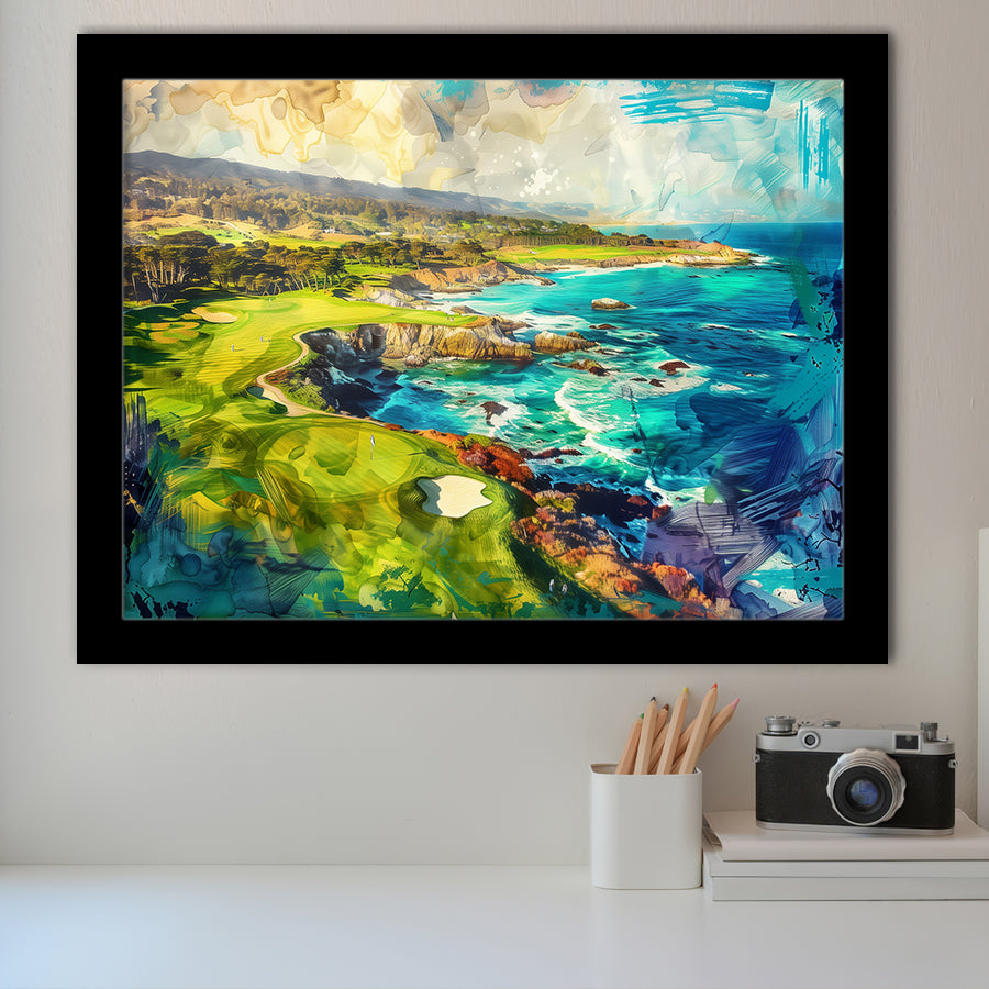 Pebble Beach Golf Links Aerial Painting, Framed Art Print Wall Decor, Picture Framed Painting Art