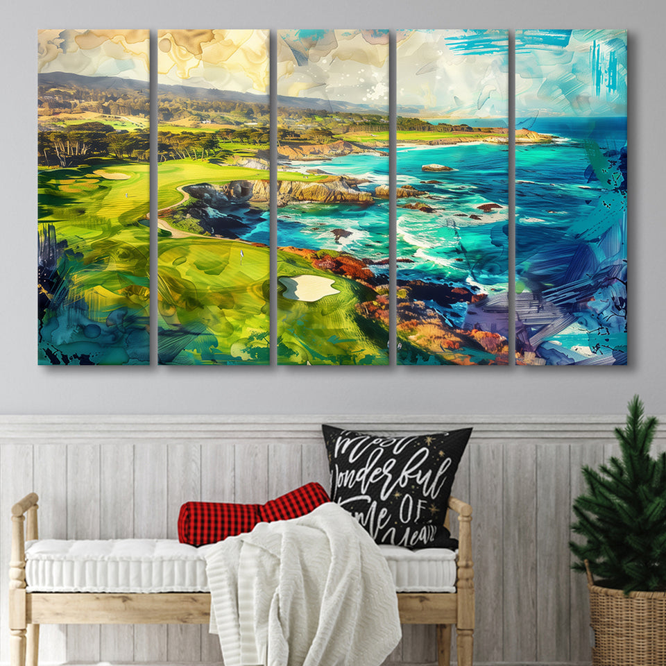 Pebble Beach Golf Links Aerial Painting, Mixed 5 Panel B Canvas Print Wall Art Decor, Extra Large Painting Canvas
