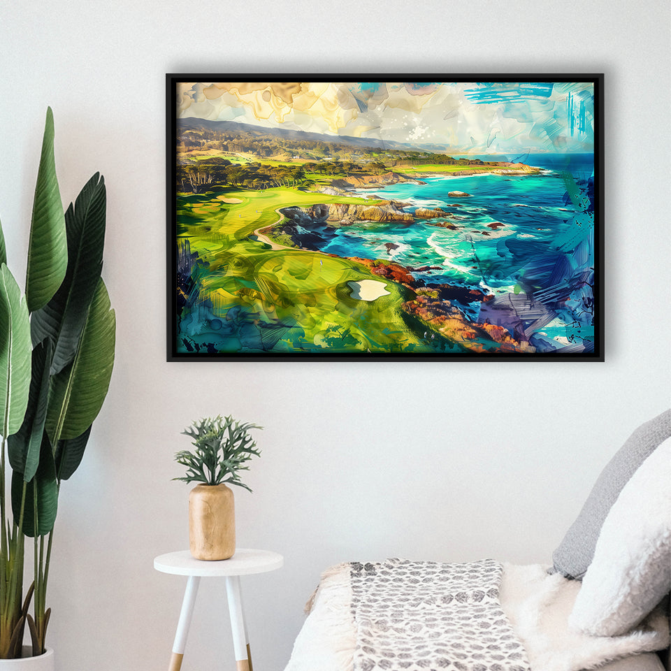 Pebble Beach Golf Links Aerial Painting, Framed Canvas Print Wall Art Decor, Floating Frame Painting Canvas