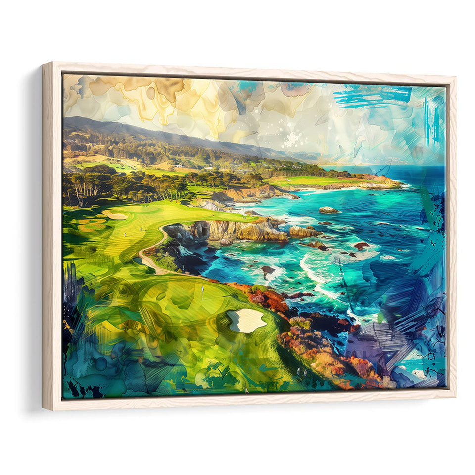 Pebble Beach Golf Links Aerial Painting, Framed Canvas Print Wall Art Decor, Floating Frame Painting Canvas