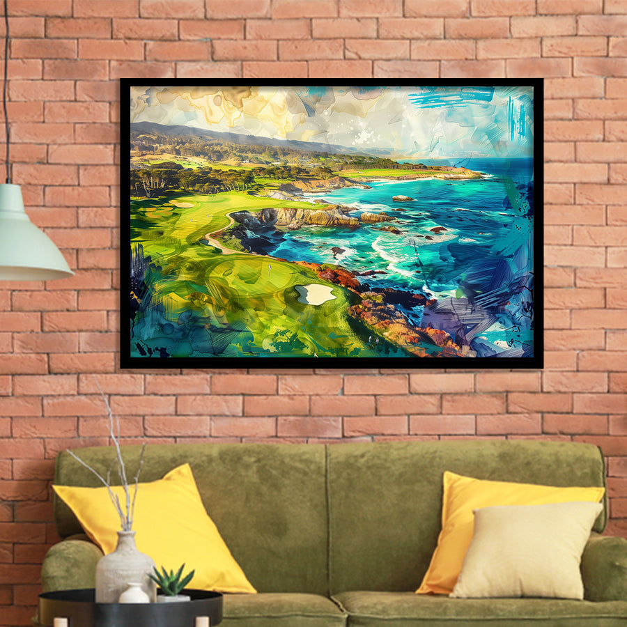 Pebble Beach Golf Links Aerial Painting, Framed Art Print Wall Decor, Picture Framed Painting Art