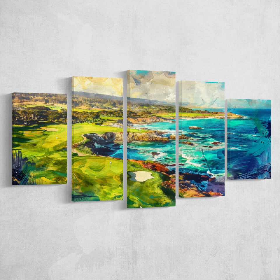 Pebble Beach Golf Links Aerial Painting, Mixed 5 Panel Canvas Print Wall Art Home Decor, Large Canvas Painting