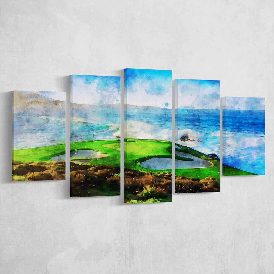 Pebble Beach Golf Links Hole 07, Aerial At Califorlia, Golf Art Print, Mixed 5 Panel, Canvas Prints Wall Art