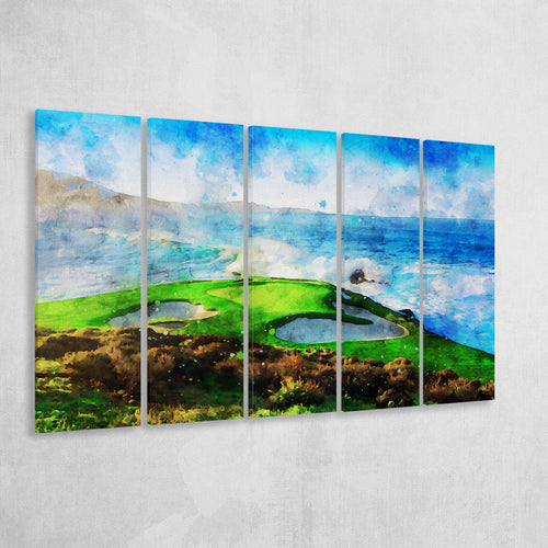 Pebble Beach Golf Links Hole 07, Aerial At Califorlia, Golf Art Print, Extra Large 5 Panel, Canvas Prints Wall Art