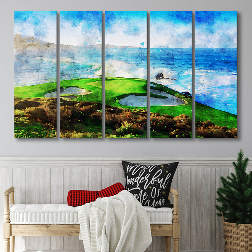 Pebble Beach Golf Links Hole 07, Aerial At Califorlia, Golf Art Print, Extra Large 5 Panel, Canvas Prints Wall Art
