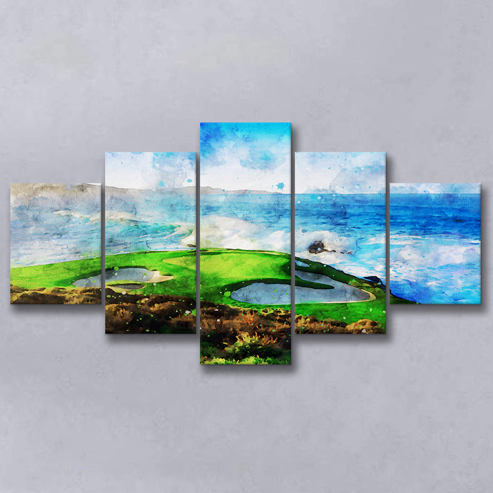 Pebble Beach Golf Links Hole 07, Aerial At Califorlia, Golf Art Print, Mixed 5 Panel, Canvas Prints Wall Art