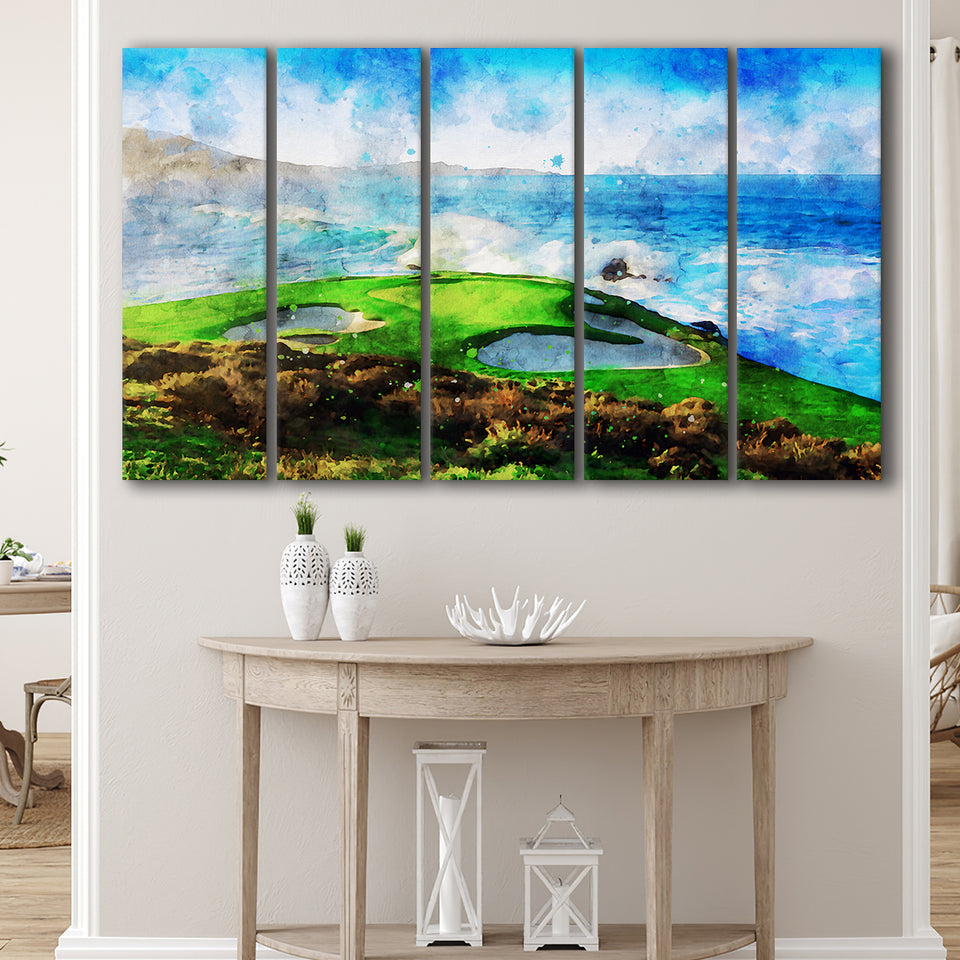 Pebble Beach Golf Links Hole 07, Aerial At Califorlia, Golf Art Print, Extra Large 5 Panel, Canvas Prints Wall Art