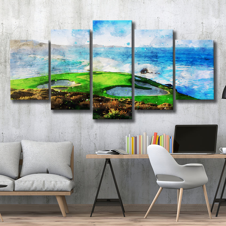 Pebble Beach Golf Links Hole 07, Aerial At Califorlia, Golf Art Print, Mixed 5 Panel, Canvas Prints Wall Art