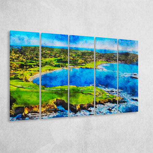 Pebble Beach Golf Links Hole 7&8, Arrowhead Point, California, Golf Art Print, Extra Large 5 Panel, Canvas Prints