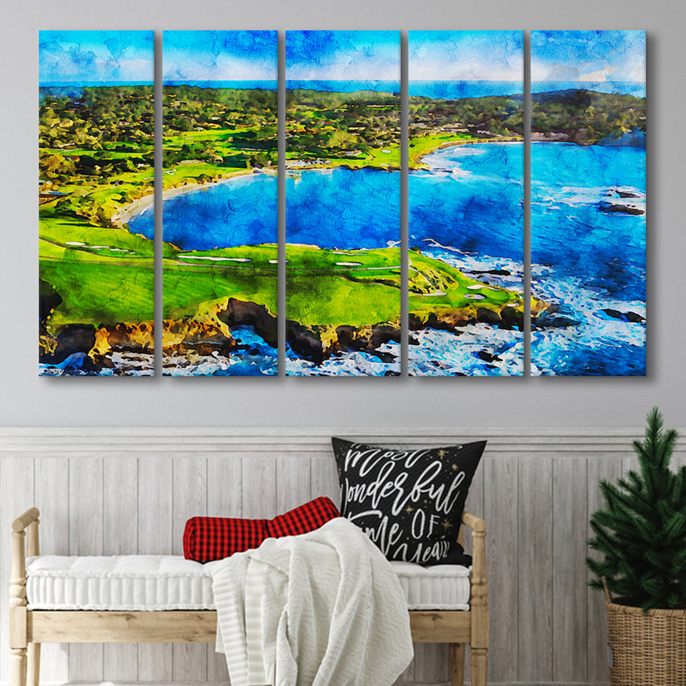 Pebble Beach Golf Links Hole 7&8, Arrowhead Point, California, Golf Art Print, Extra Large 5 Panel, Canvas Prints