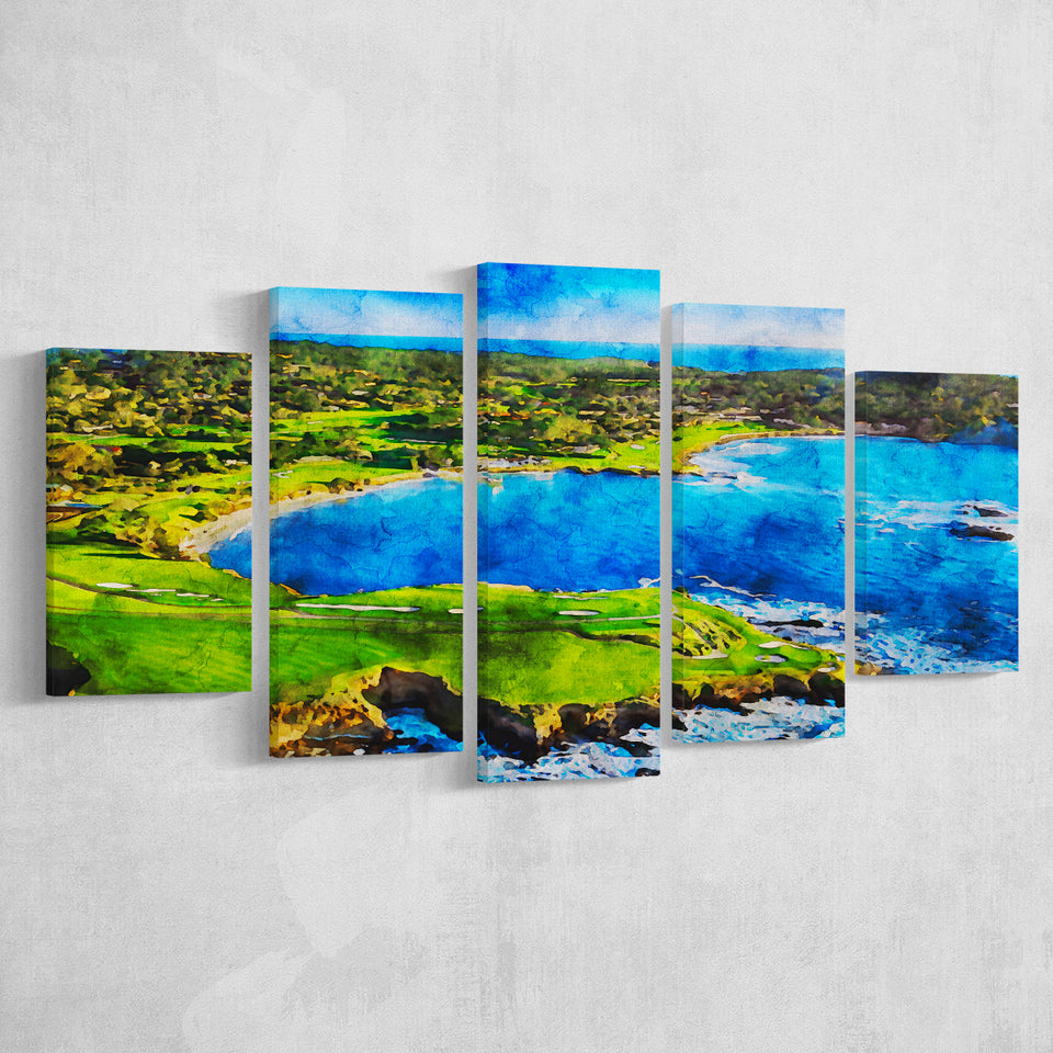 Pebble Beach Golf Links Hole 7 & 8, Arrowhead Point, California, Golf Art Print, Mixed 5 Panel, Canvas Prints Wall Art