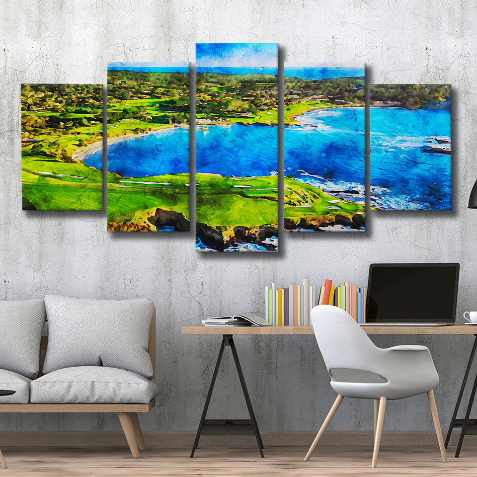 Pebble Beach Golf Links Hole 7 & 8, Arrowhead Point, California, Golf Art Print, Mixed 5 Panel, Canvas Prints Wall Art