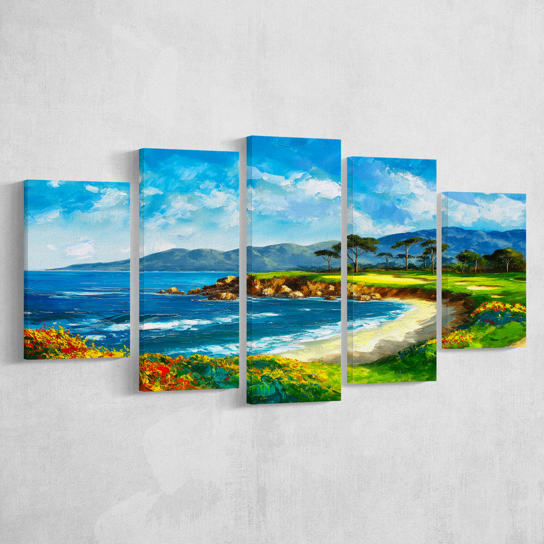 Pebble Beach Golf Links, Oil Painting Art, Golf Art Print, Mixed 5 Panel, Canvas Prints Wall Art