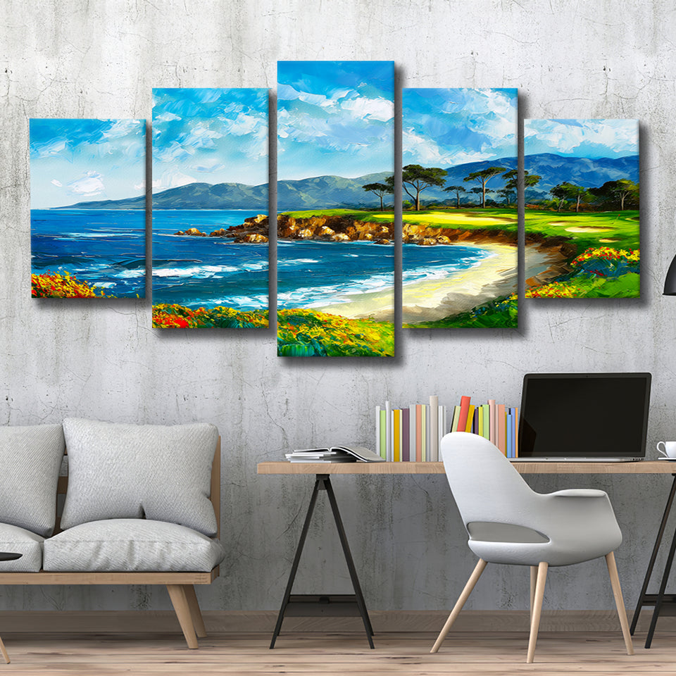 Pebble Beach Golf Links, Oil Painting Art, Golf Art Print, Mixed 5 Panel, Canvas Prints Wall Art