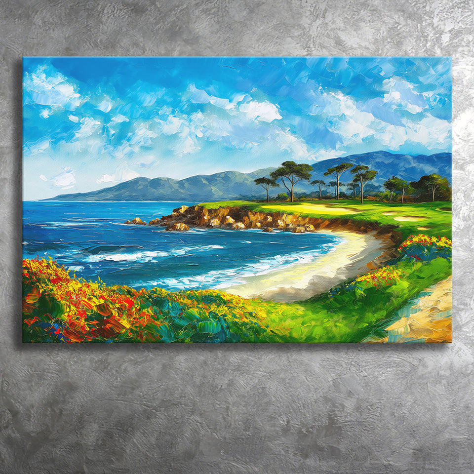 Pebble Beach Golf Links, Oil Painting Art, Golf Art Print, Gift for him, Canvas Prints Wall Art