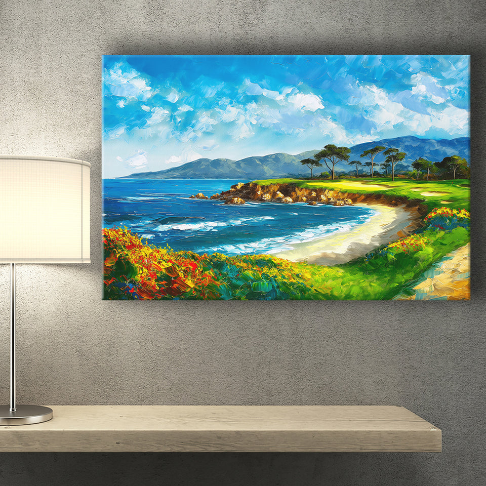 Pebble Beach Golf Links, Oil Painting Art, Golf Art Print, Gift for him, Canvas Prints Wall Art