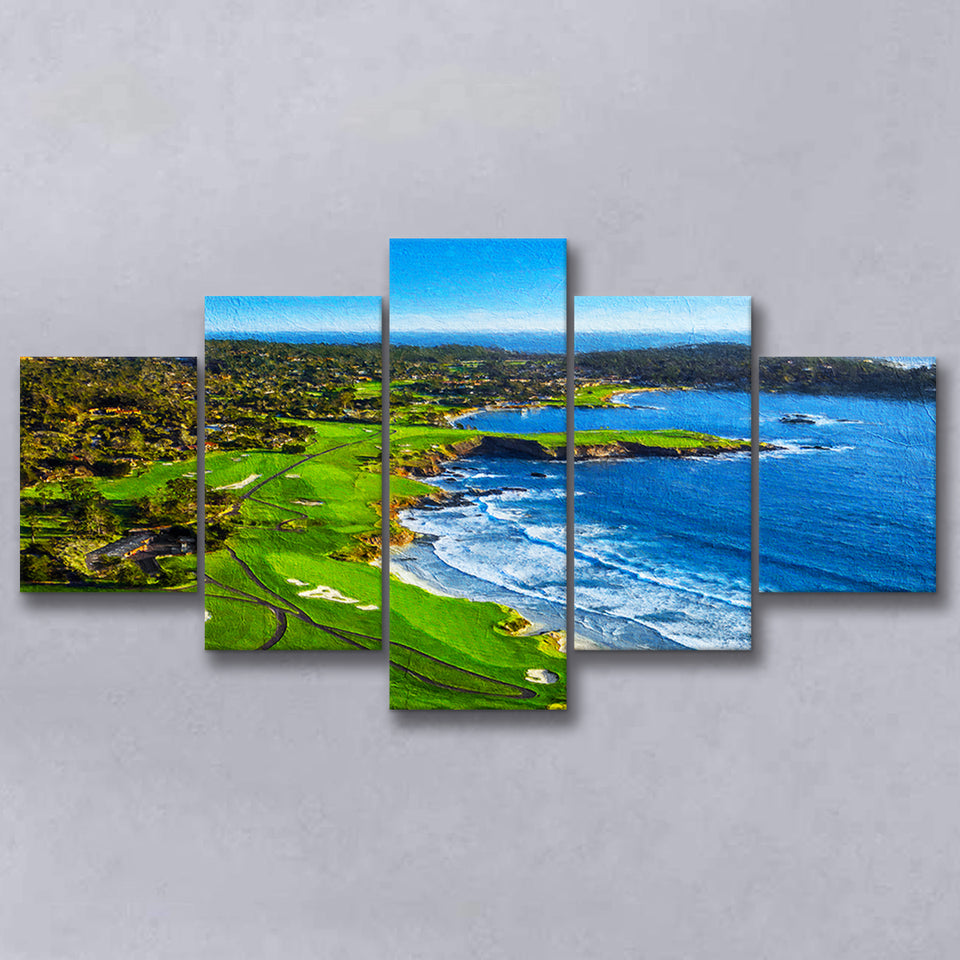 Pebble Beach Golf Links Painting V1, California, Golf Art Print, Mixed 5 Panel, Canvas Prints Wall Art
